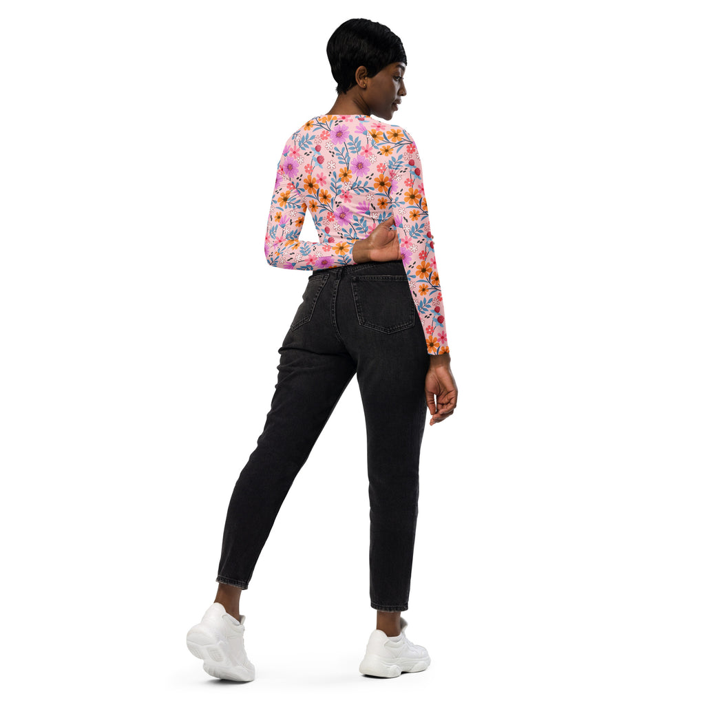Women's Pink Floral Long Sleeve Performance Crop Top