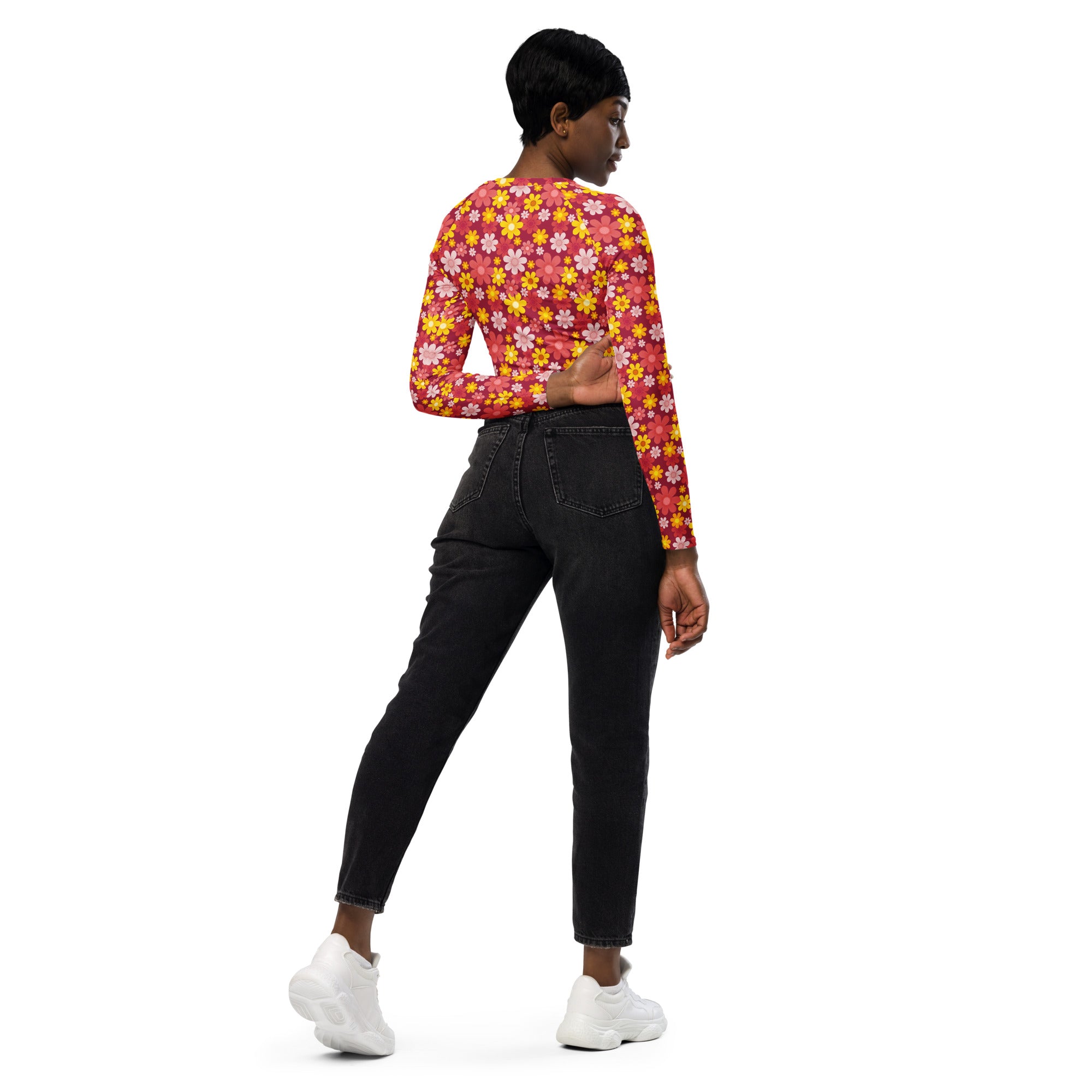 Women's Red Floral Long Sleeve Performance Crop Top