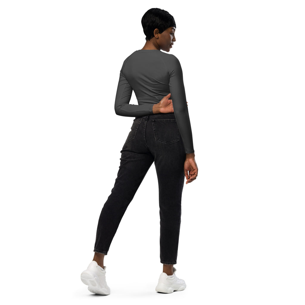Black high-waisted slim-fit jeans with classic five-pocket design and faded stitching paired with charcoal long sleeve crop top