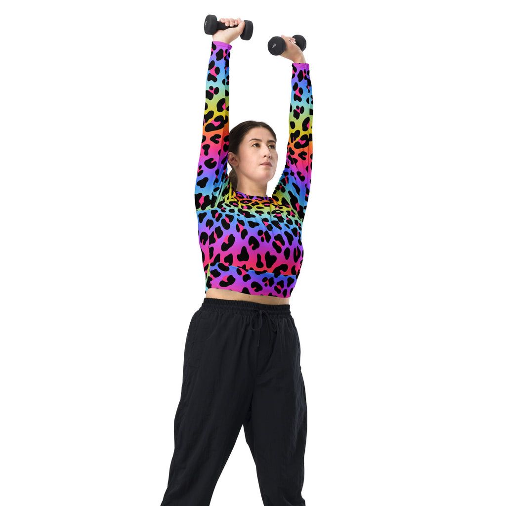 Women's Rainbow Leopard Long Sleeve Performance Crop Top