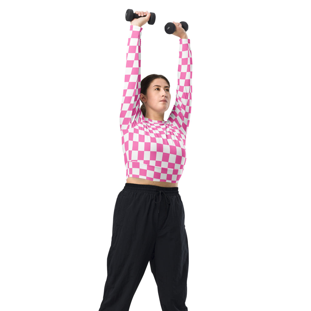 Women's Pink Checkerboard Long Sleeve Performance Crop Top