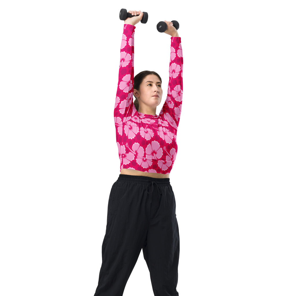 Women's Pink Hibiscus Long Sleeve Performance Crop Top