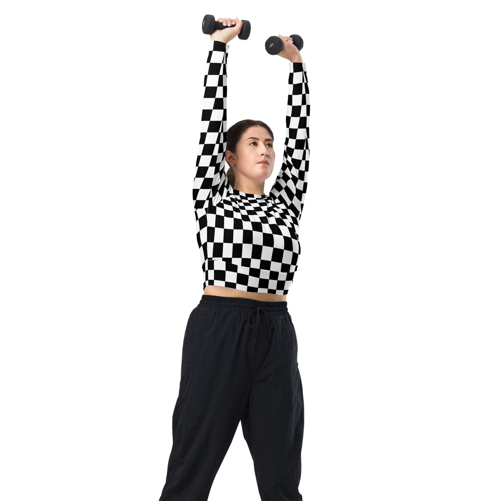 Women's Black & White Checkered Long Sleeve Performance Crop Top