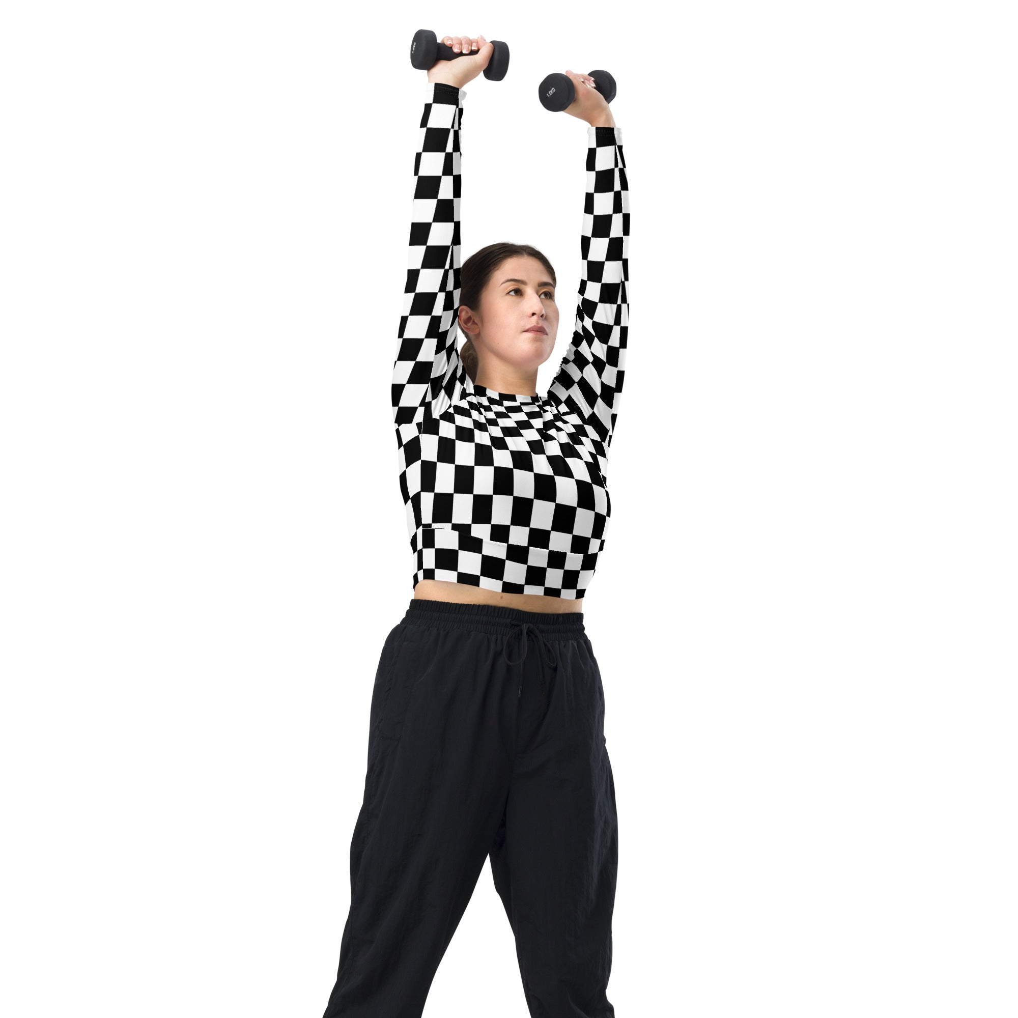 Women's Black & White Checkered Long Sleeve Performance Crop Top