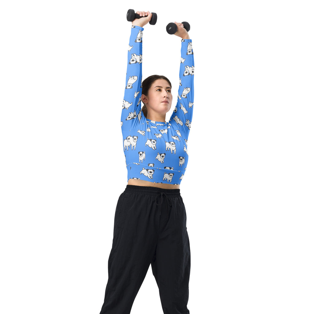 Women's Blue Pug Long Sleeve Performance Crop Top