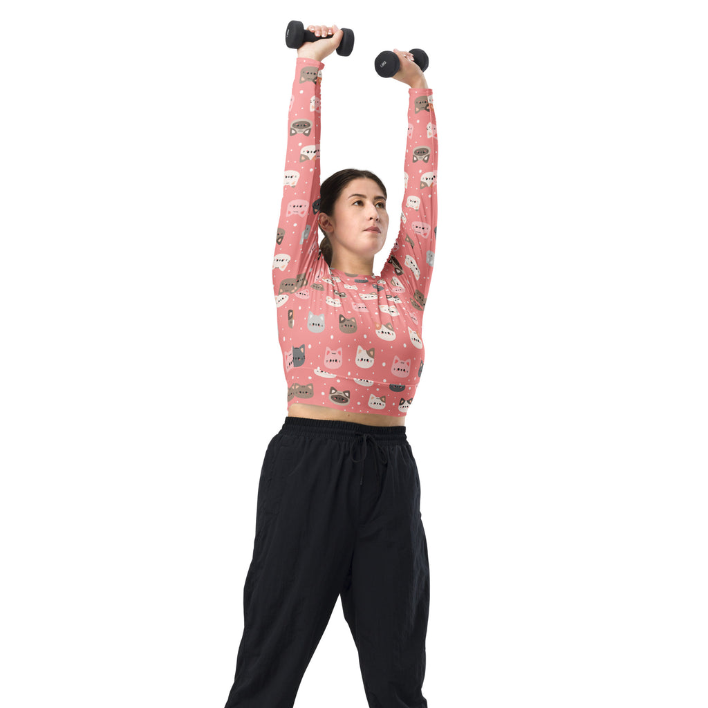 Women's Pink Cat Long Sleeve Performance Crop Top