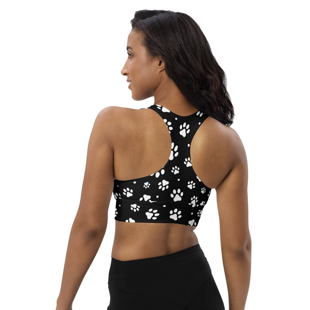 Women’s black paw print recycled longline sports bra with buttery soft fabric high intensity support and removable padding