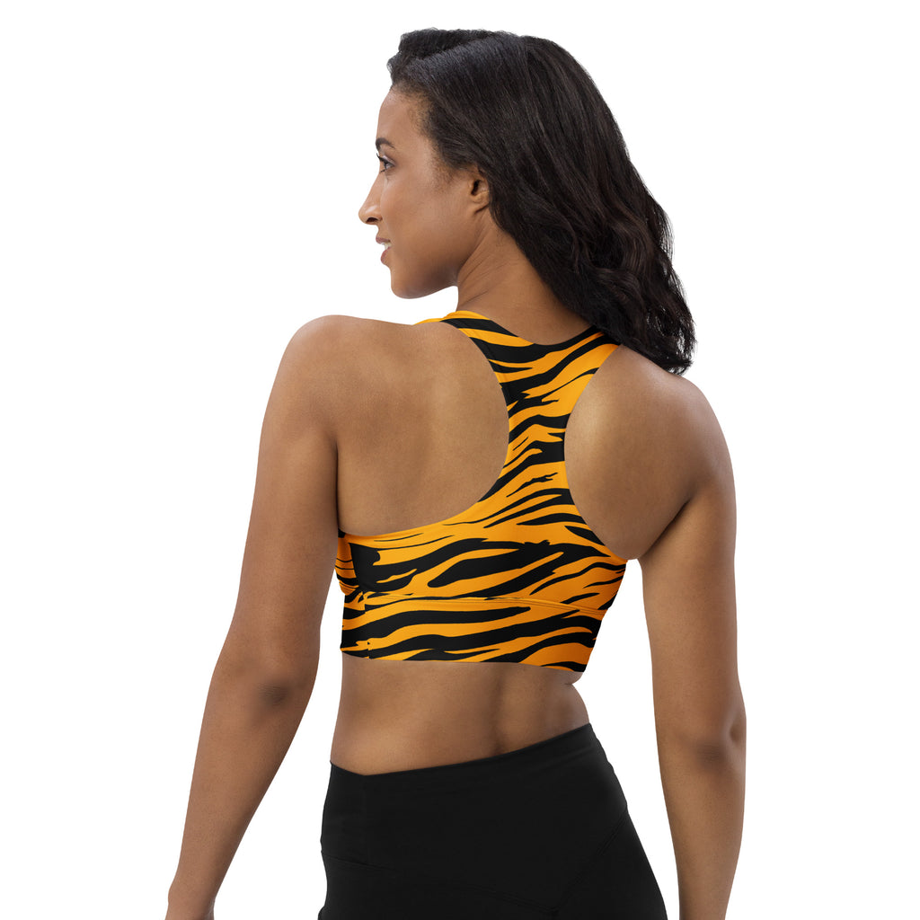 Women’s tiger print buttery soft recycled longline sports bra in vibrant orange and black with high neckline for high intensity support