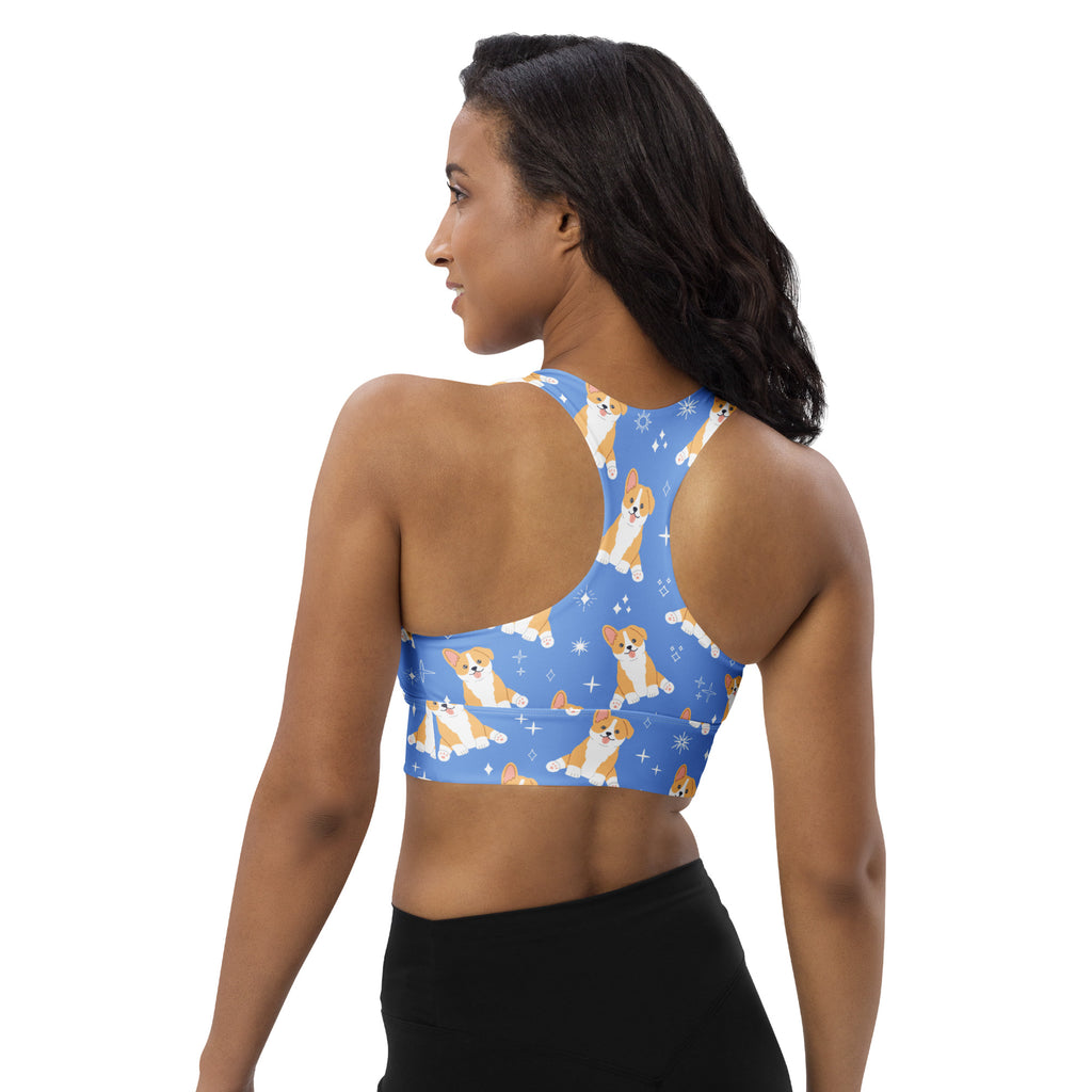 Women’s Blue Corgi Dog Buttery Soft Recycled Longline Sports Bra – High Intensity Support, Removable Padding, Quick Dry & UPF 50+