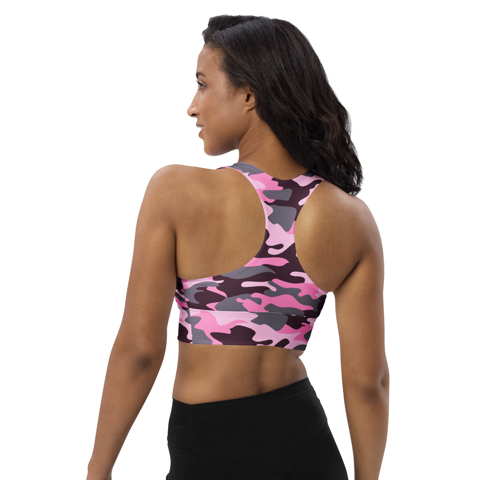 Women’s pink and gray camouflage sports bra with buttery soft recycled fabric high intensity support and upf 50+