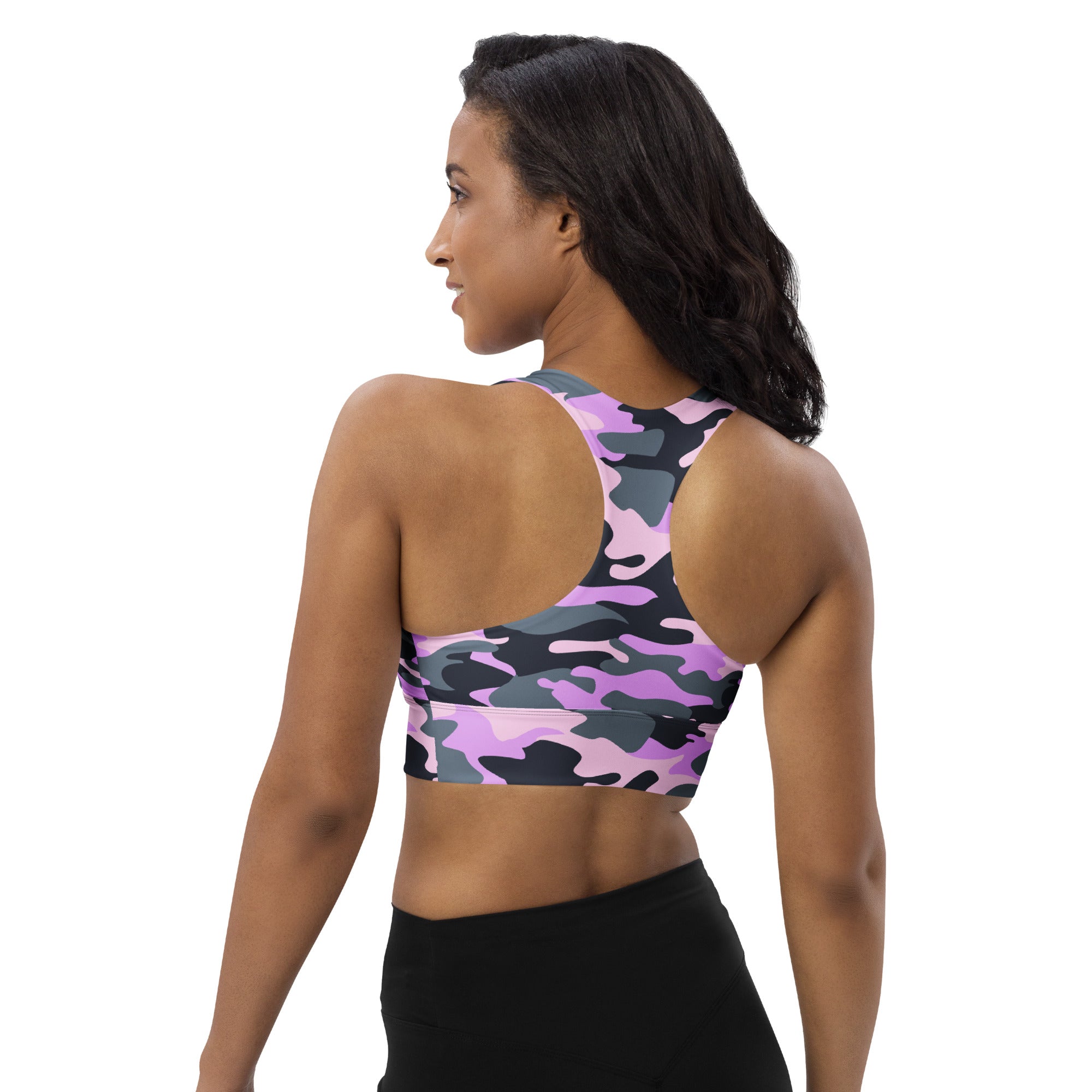 Women’s pink and gray camouflage buttery soft recycled longline sports bra with racerback for high intensity support