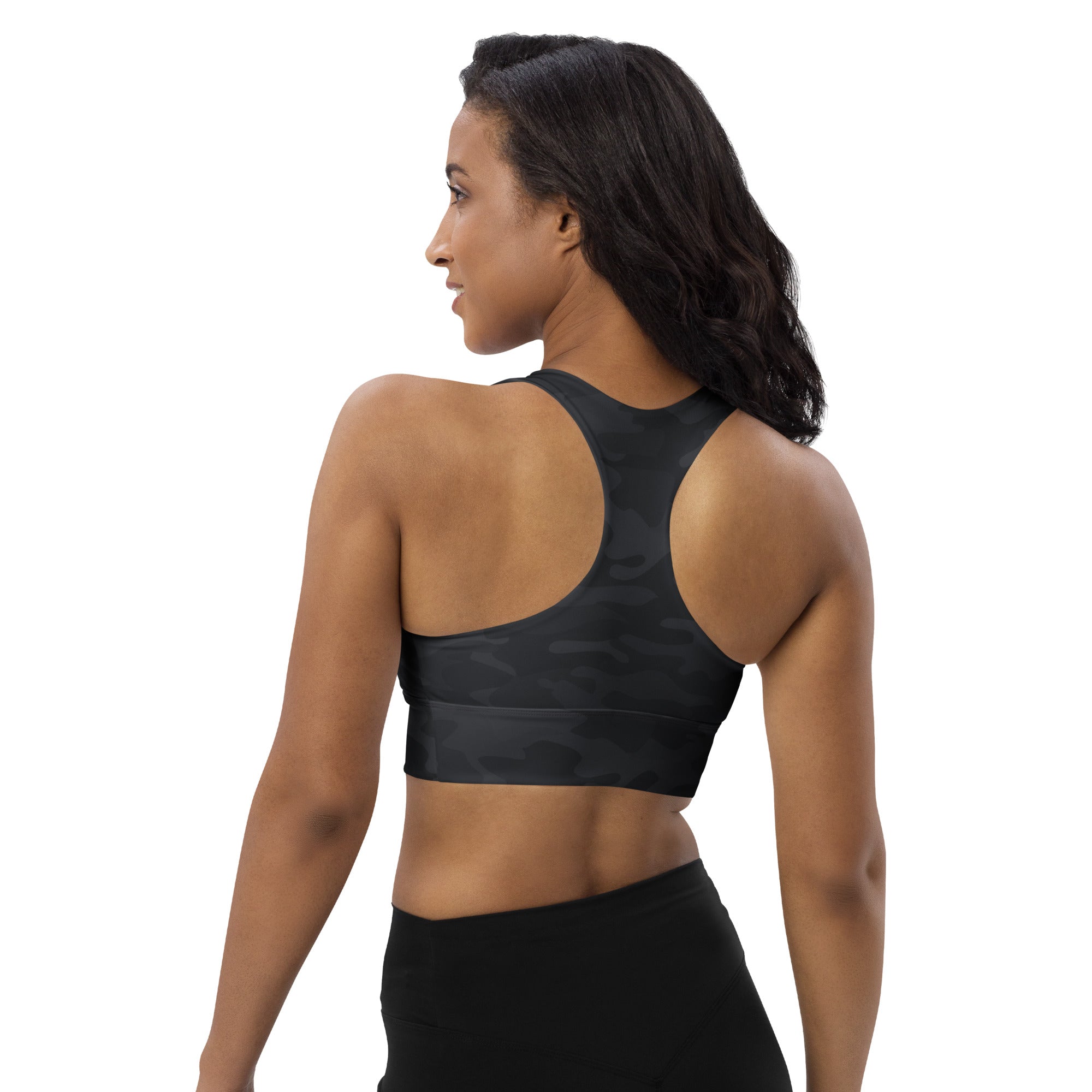Women’s black camouflage buttery soft recycled longline sports bra with racerback for high intensity support