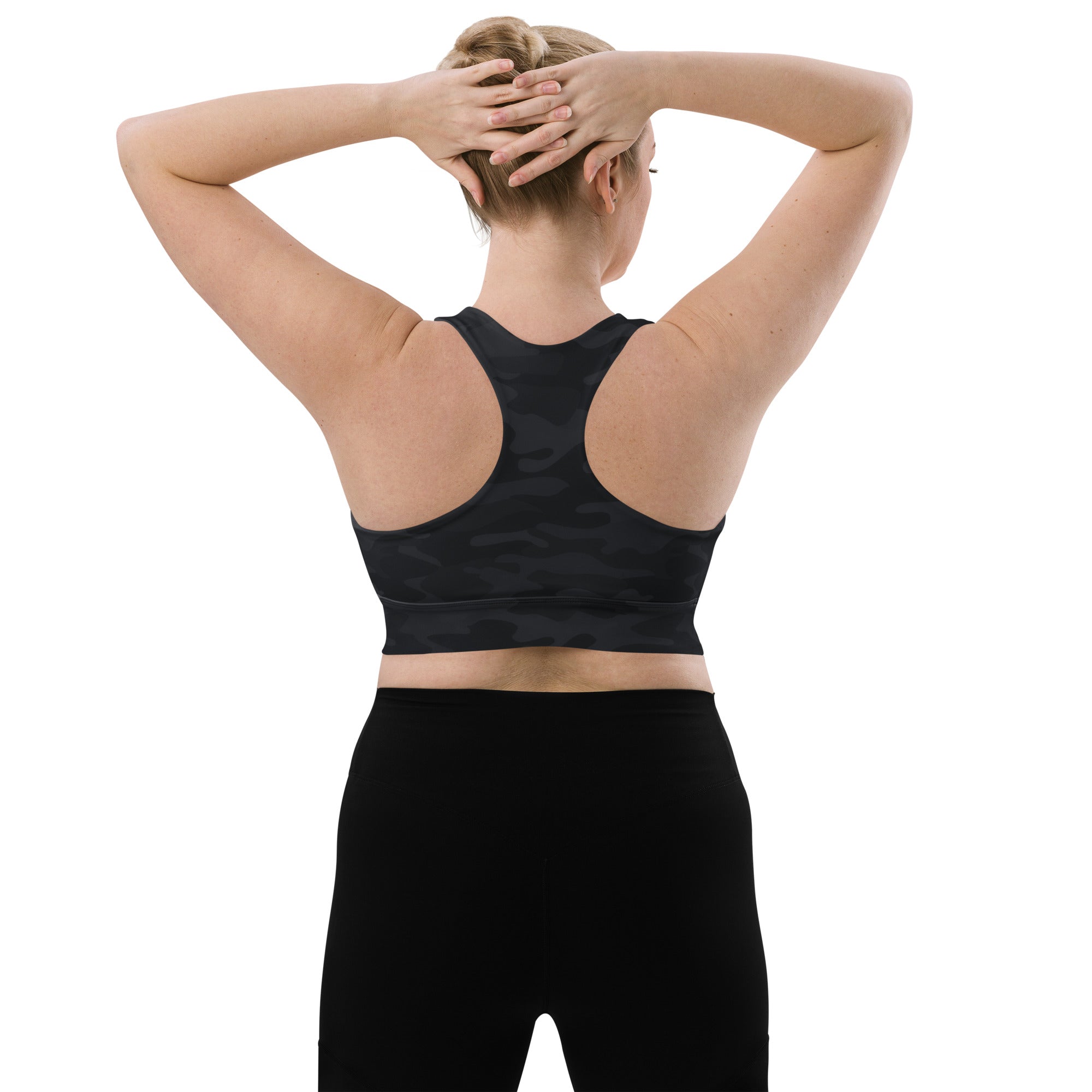 Women’s black camouflage buttery soft recycled longline sports bra with wide supportive straps for high intensity support