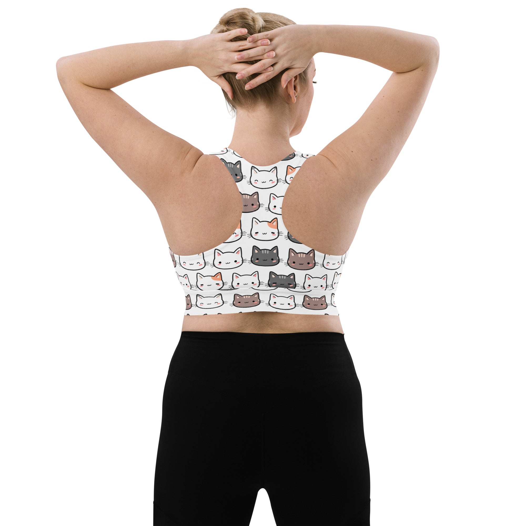 White longline sports bra with colorful cartoon cat pattern buttery soft recycled fabric high intensity support