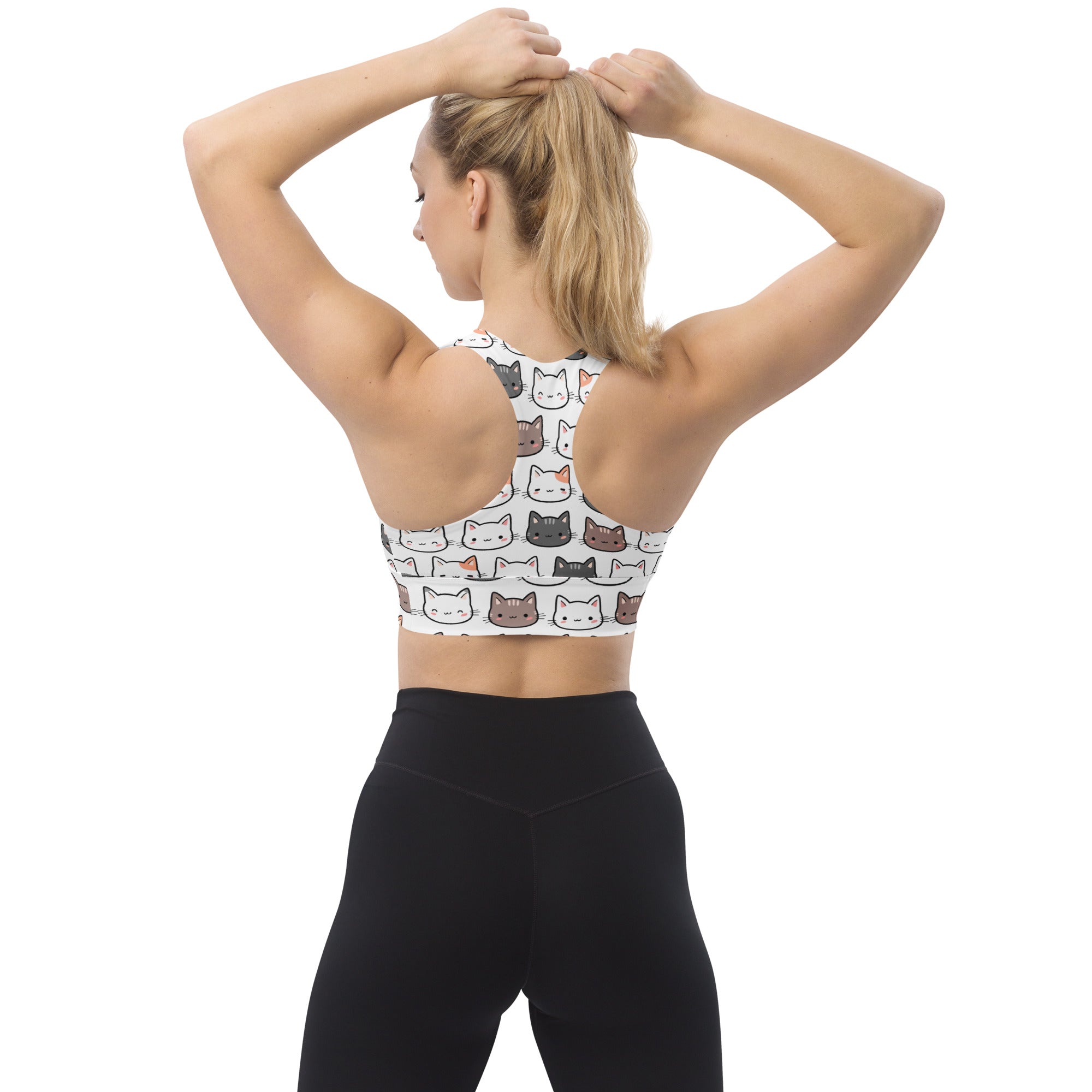 White longline sports bra with colorful cartoon cat pattern made from recycled buttery soft fabric for high intensity support
