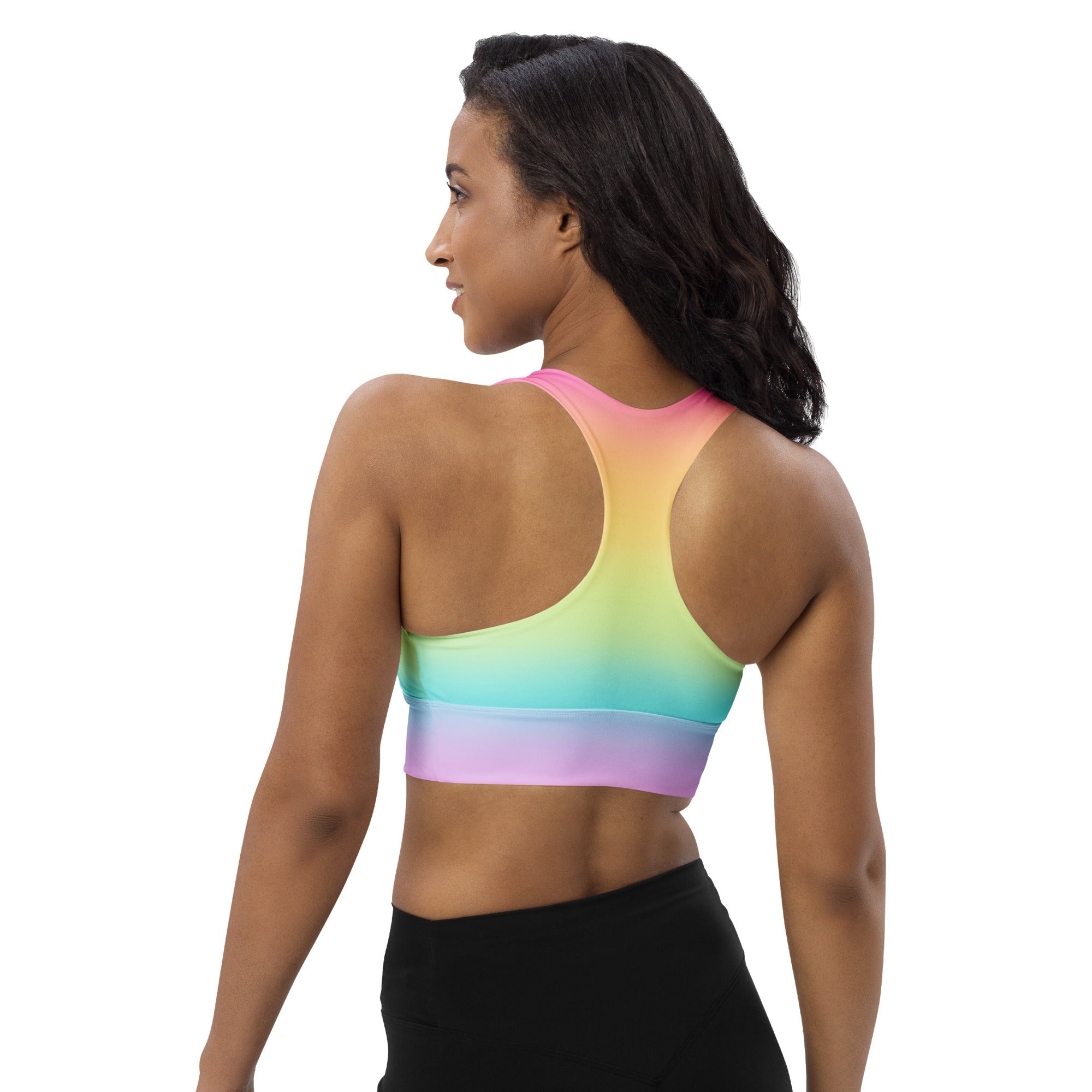 Women’s bright rainbow recycled longline sports bra with buttery soft fabric racerback design for high intensity support