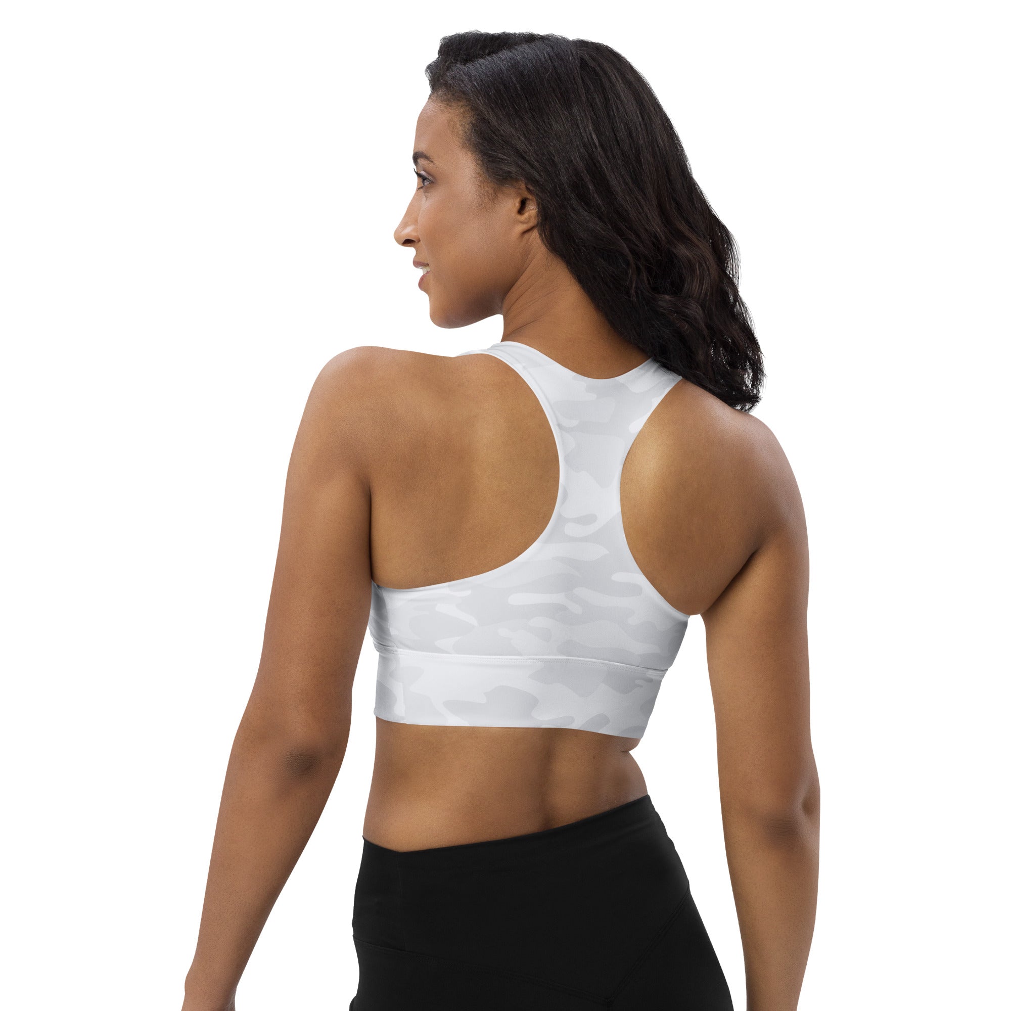 Women’s white camouflage buttery soft recycled longline sports bra with high intensity support and removable padding