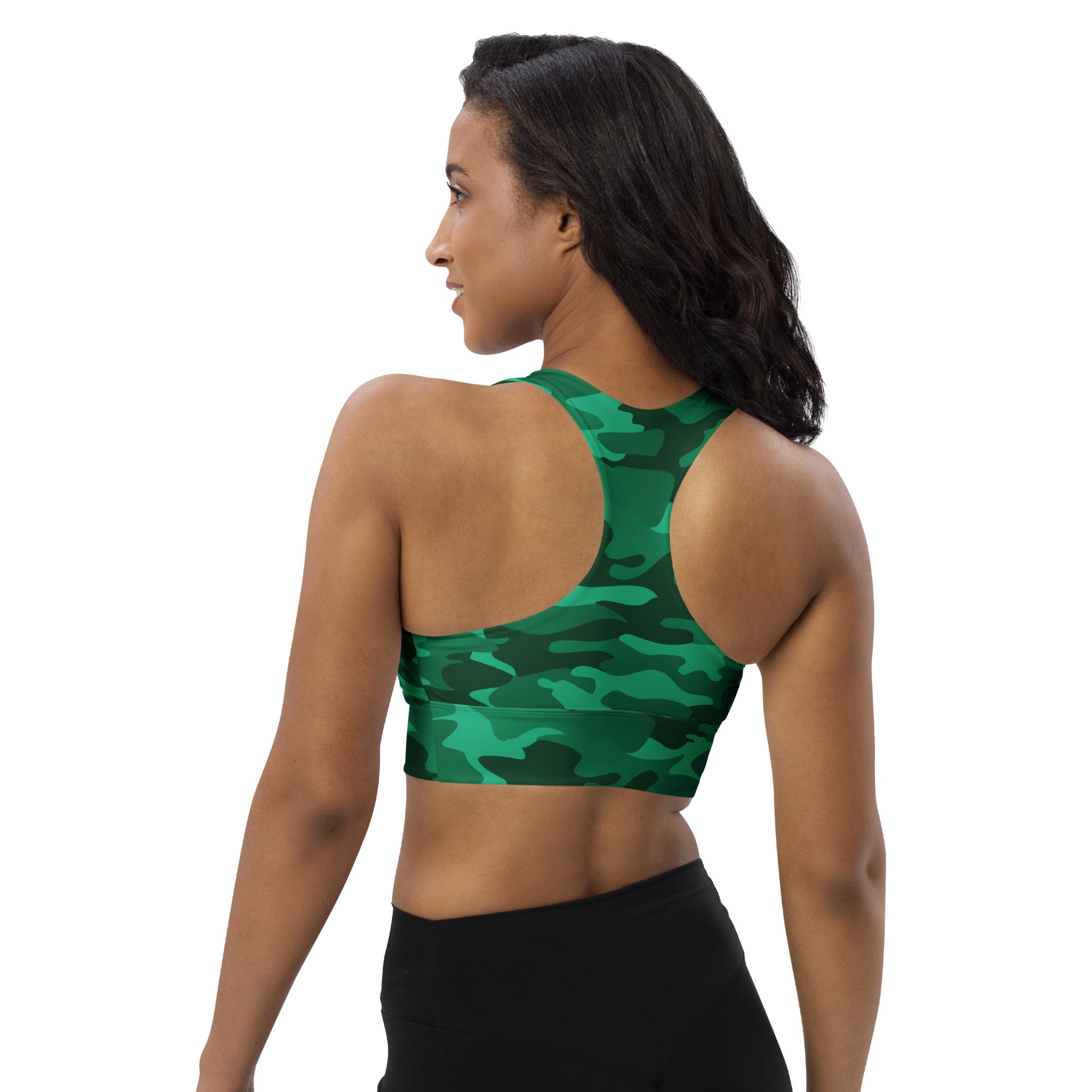 Women’s green camouflage recycled longline sports bra with high intensity support removable padding and quick dry