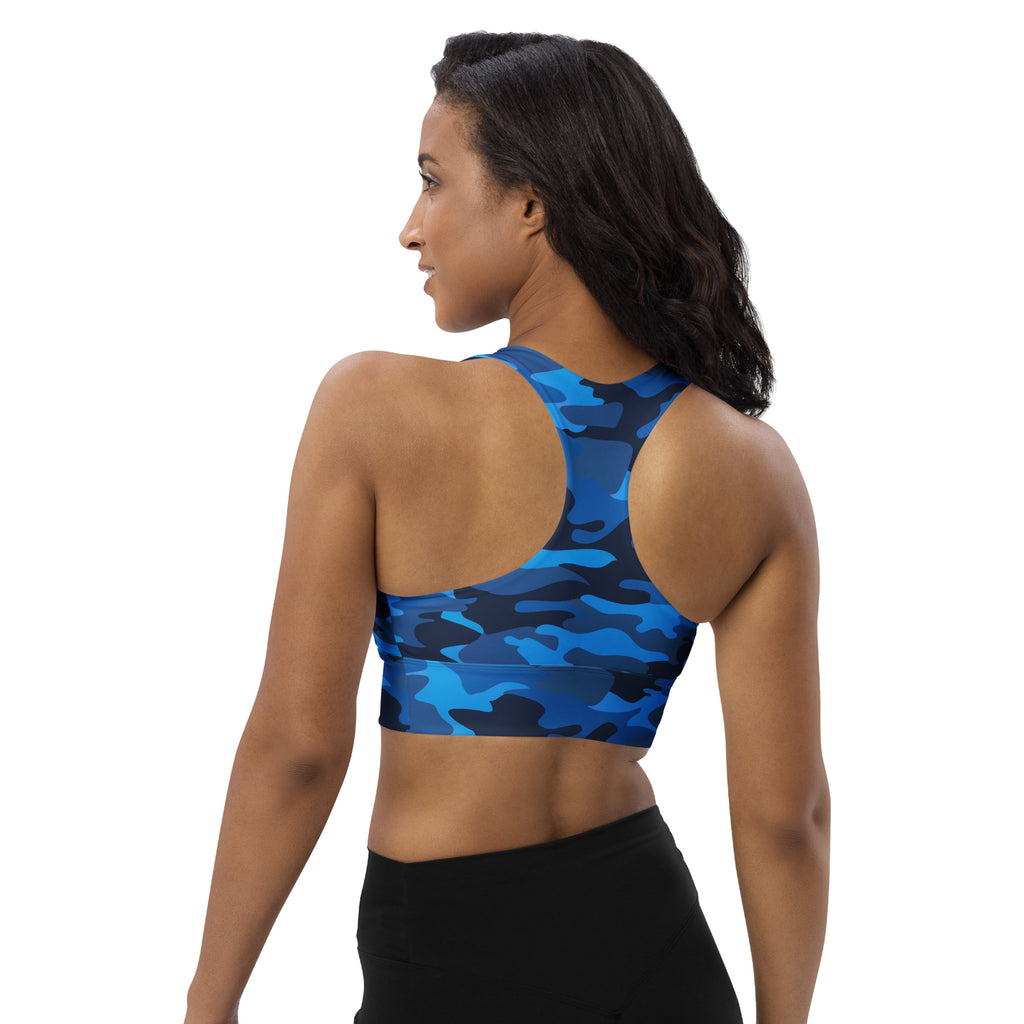 Women’s blue camouflage buttery soft recycled longline sports bra with high intensity support and removable padding