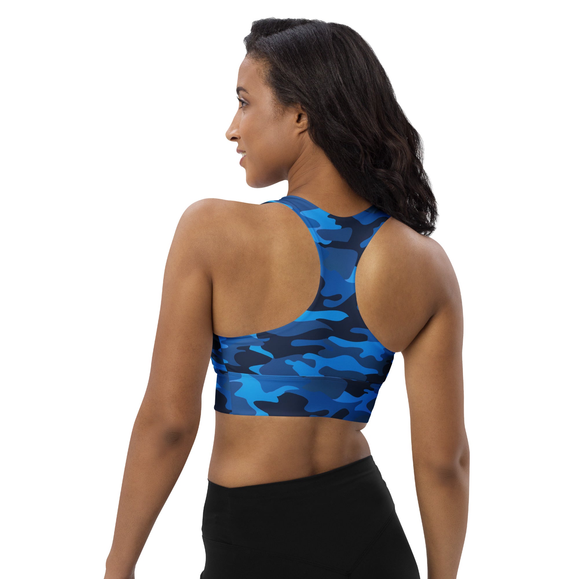 Women’s blue camouflage buttery soft recycled longline sports bra with high intensity support and removable padding