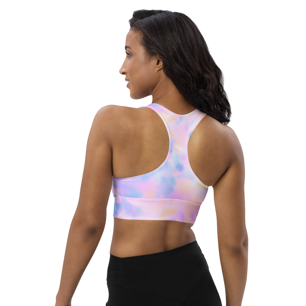 Women’s pastel tie-dye recycled longline sports bra with racerback design high intensity support quick dry and upf 50+