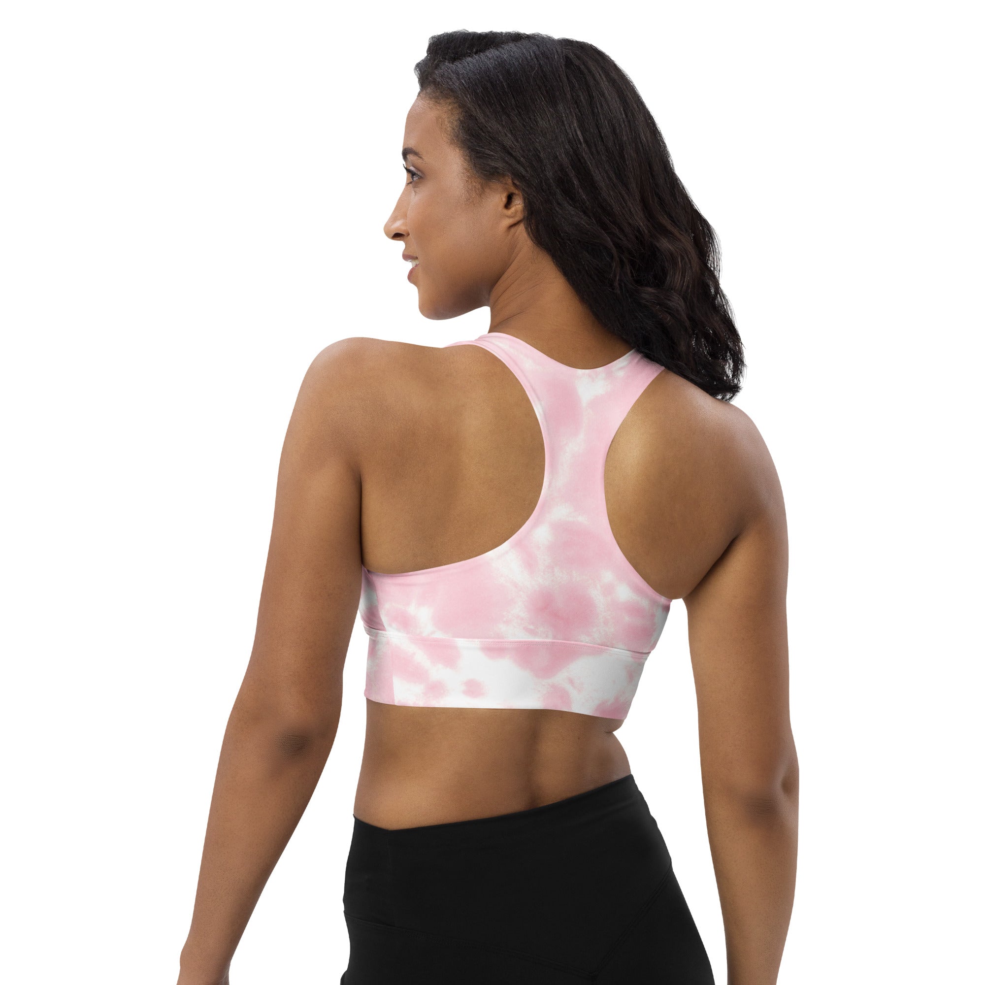 Women’s pink and white tie dye buttery soft recycled longline sports bra with racerback for high intensity support