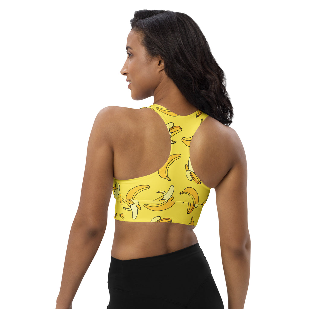 Women’s yellow banana print buttery soft recycled longline sports bra with high intensity support and quick dry fabric