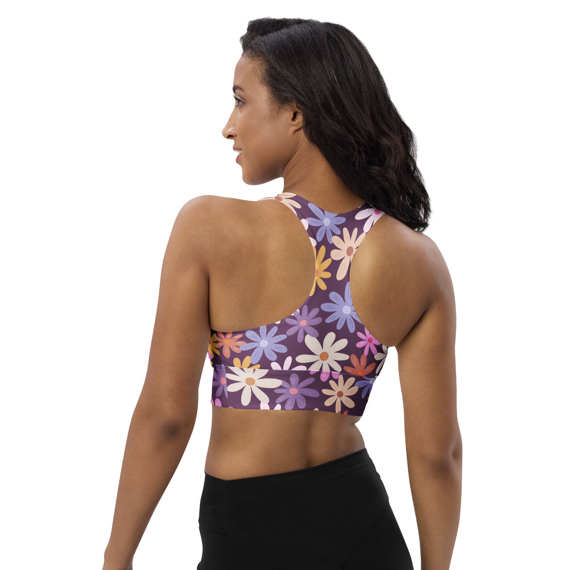 Women’s purple floral buttery soft recycled longline sports bra with colorful daisy patterns for high intensity support