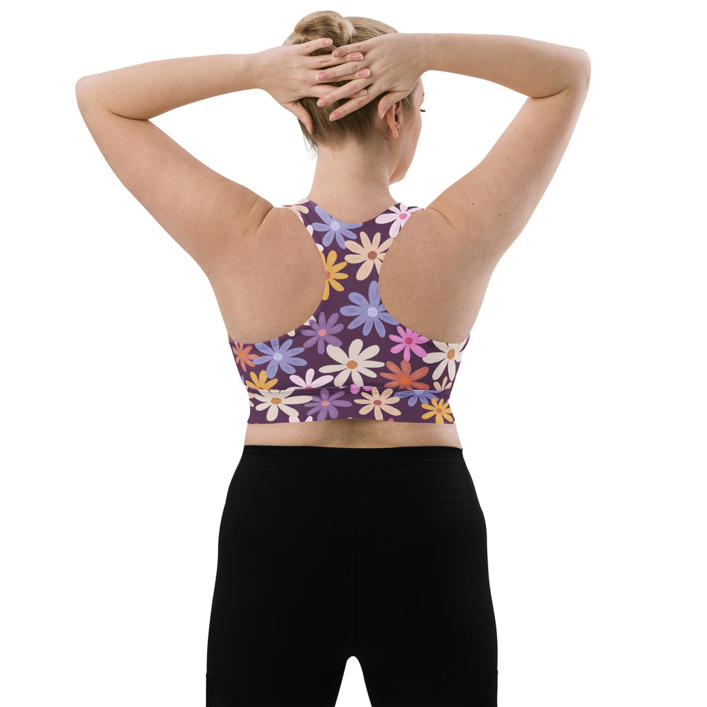 Women’s purple floral buttery soft recycled longline sports bra with colorful daisy patterns for high intensity support