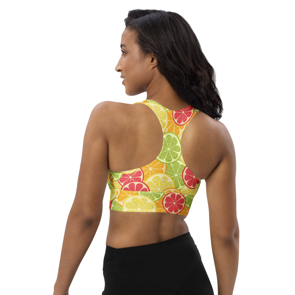 Women’s citrus slice buttery soft recycled longline sports bra with sliced lemon lime and grapefruit print for high intensity support