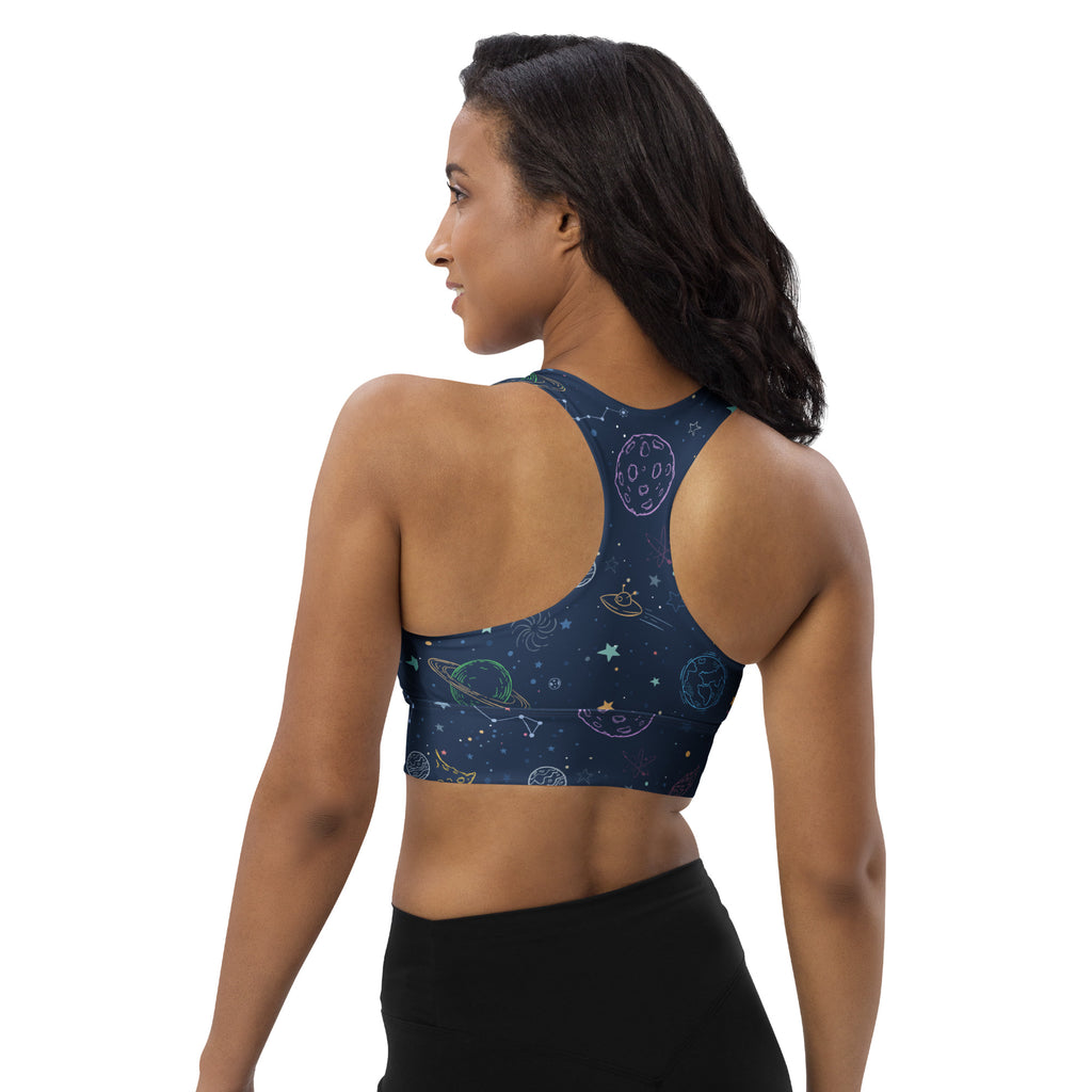 Navy blue women’s longline sports bra with buttery soft recycled fabric cosmic design for high intensity support