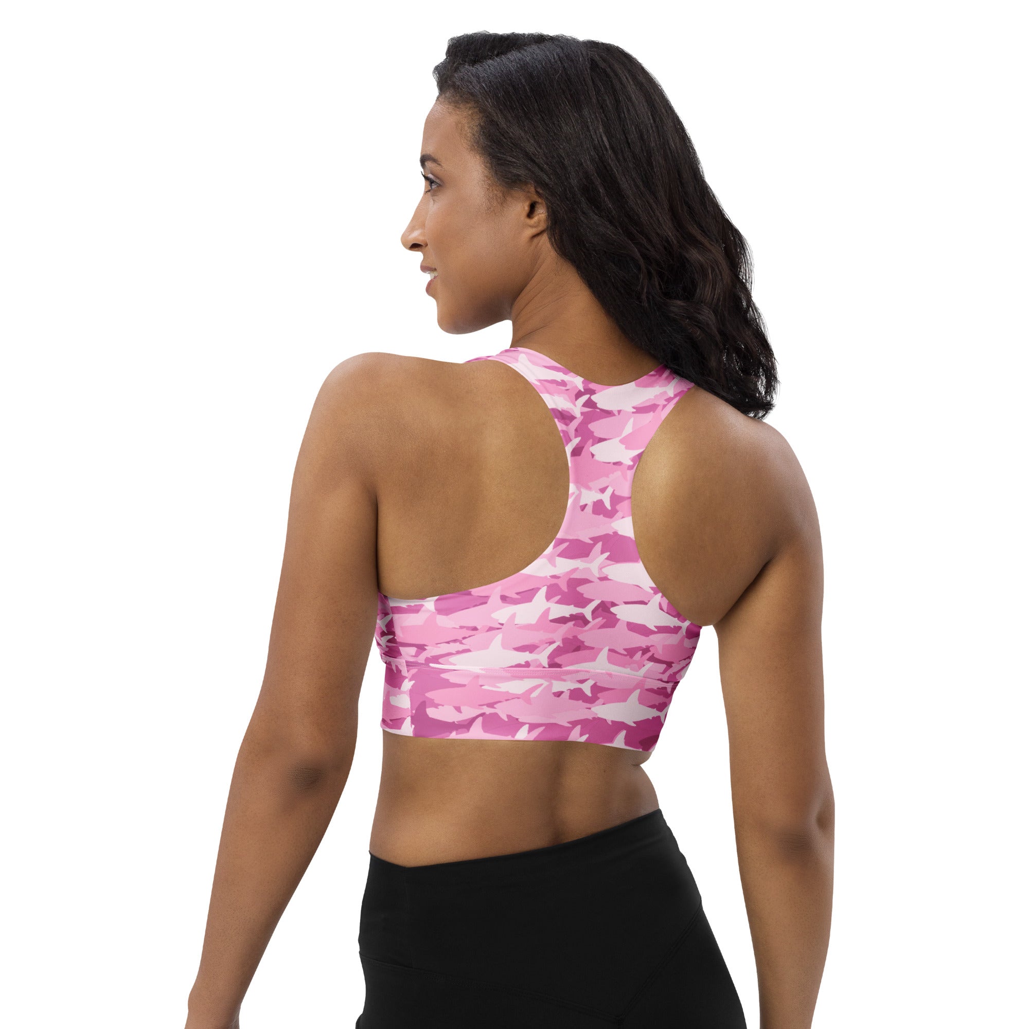 Women’s pink and white shark camo longline sports bra with buttery soft recycled fabric and high intensity support