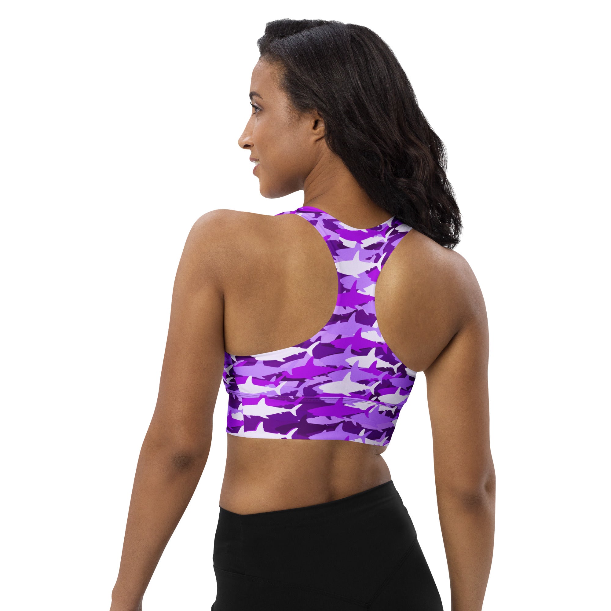 Women’s purple and white shark camo longline sports bra with high intensity support and buttery soft recycled fabric