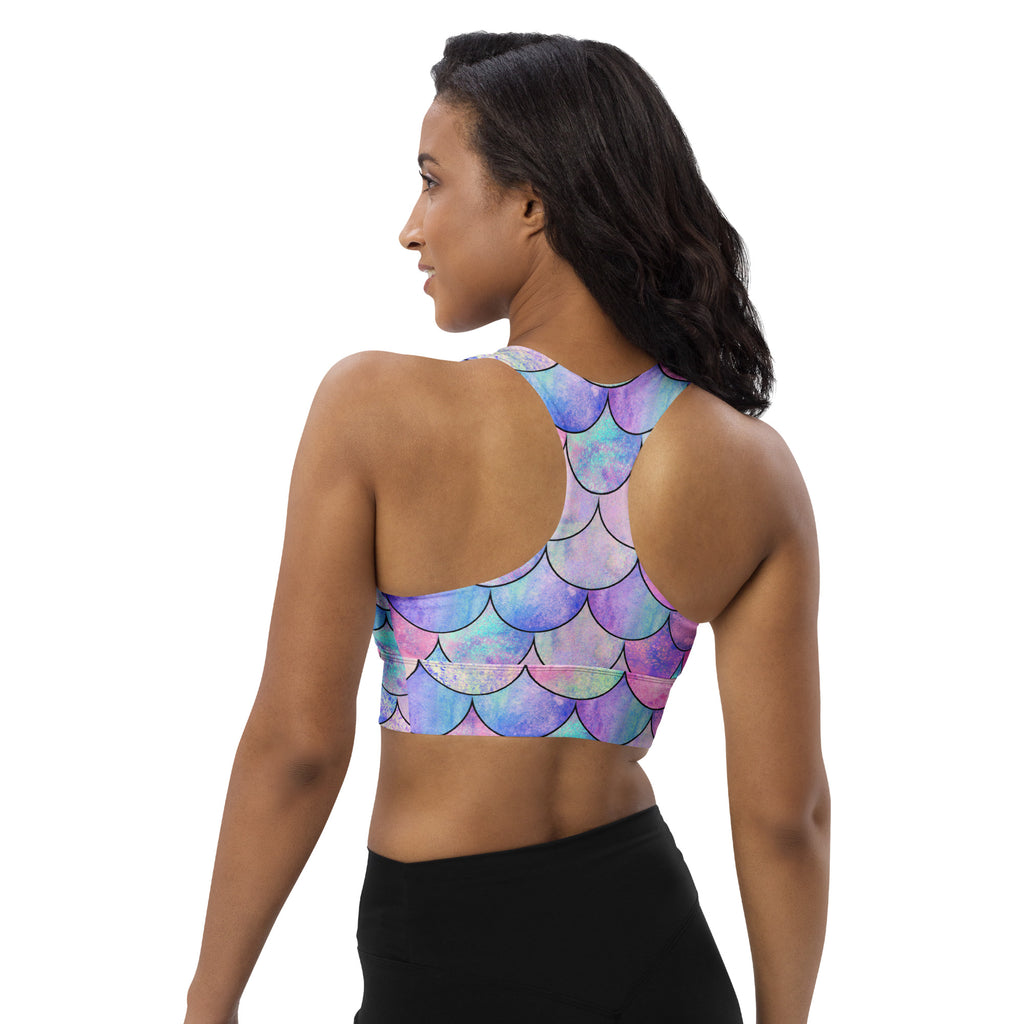 Women’s Pastel Mermaid Buttery Soft Recycled Longline Sports Bra – High Intensity Support, Removable Padding, Quick Dry & UPF 50+