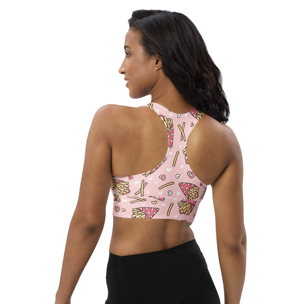Women’s pink longline sports bra with playful french fries pizza and heart pattern buttery soft recycled fabric