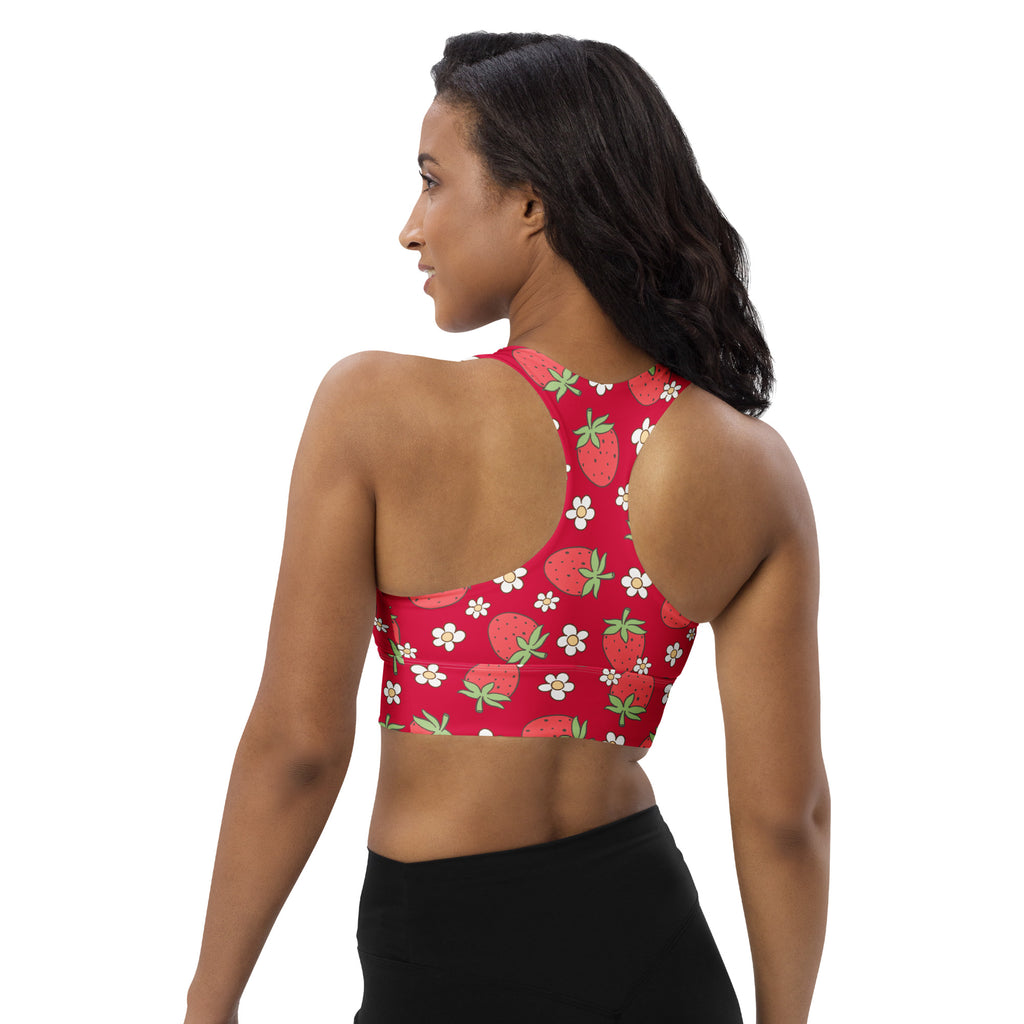 Women’s red strawberry and white daisy patterned buttery soft recycled longline sports bra with high intensity support