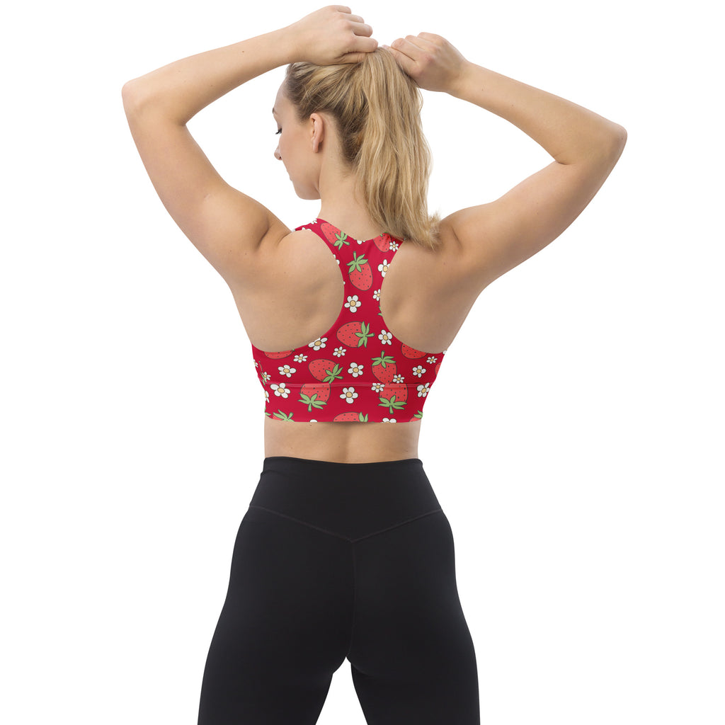Women’s red strawberry and white flower patterned buttery soft recycled longline sports bra with high intensity support