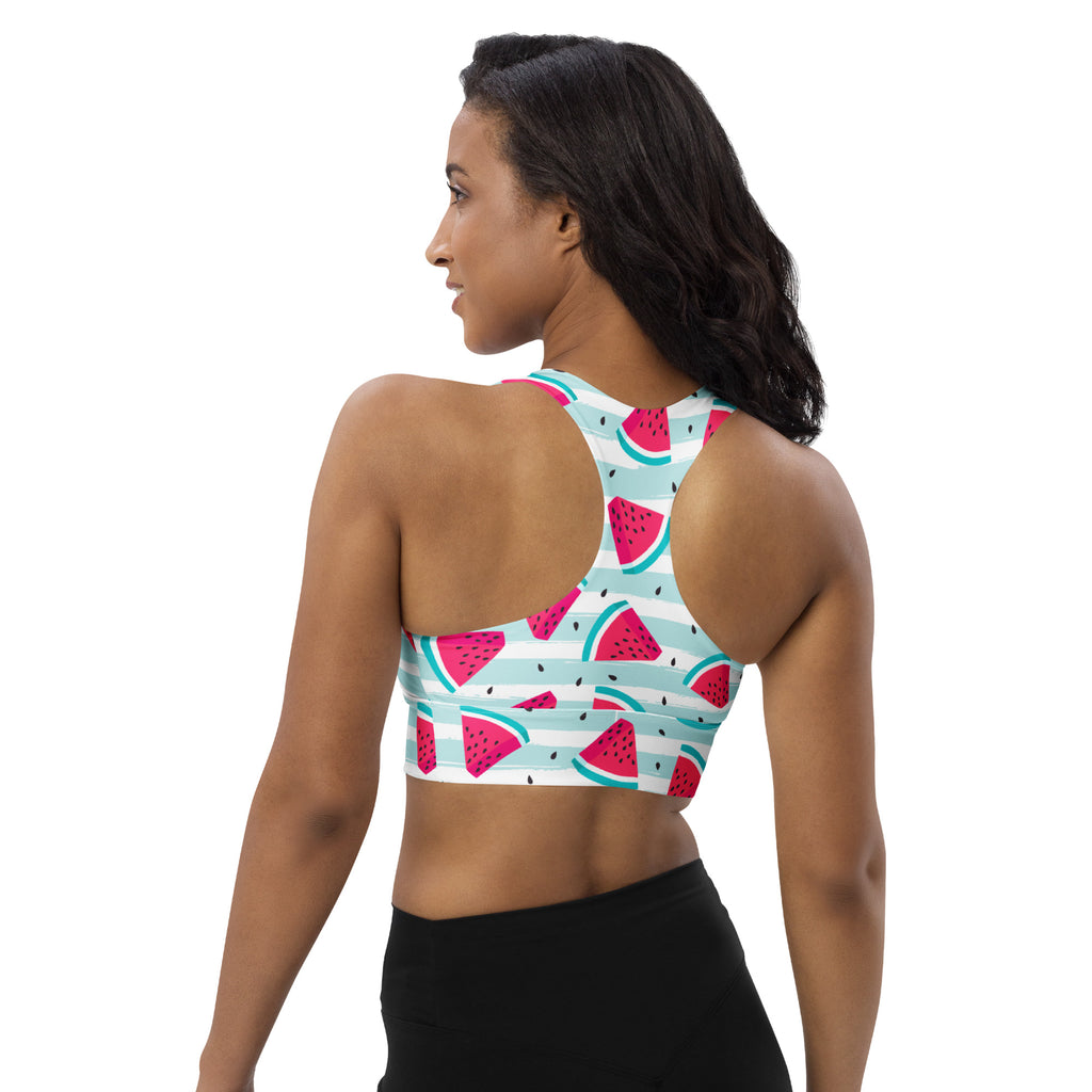Women’s watermelon stripe buttery soft recycled longline sports bra with teal and white stripes for high intensity support