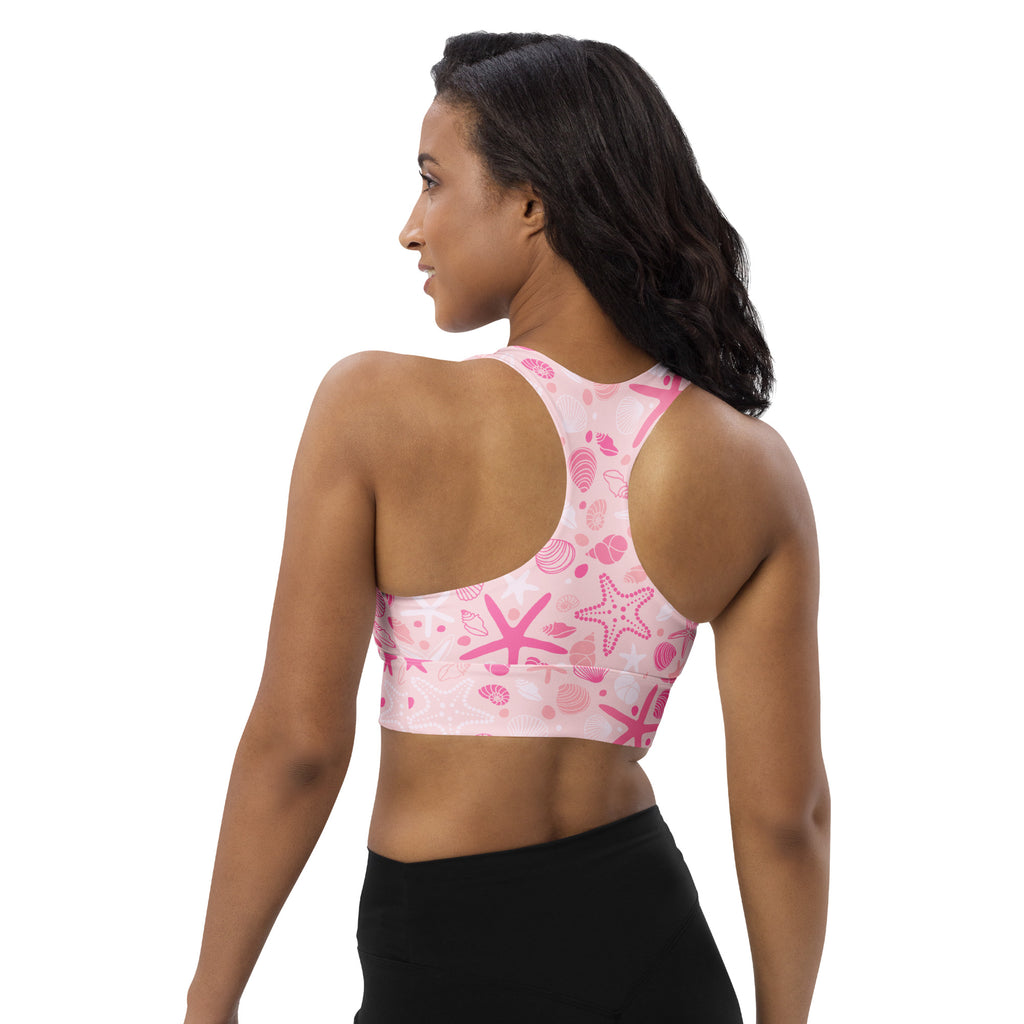 Women’s pink starfish and shells patterned buttery soft recycled longline sports bra with high intensity support