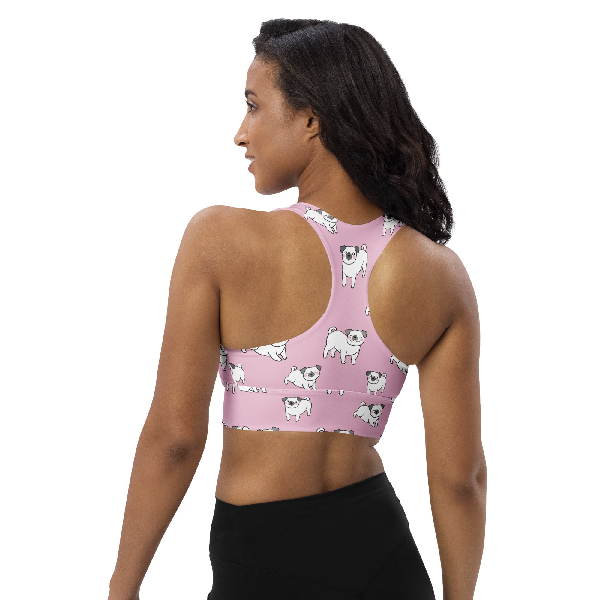 Women’s pink pug patterned buttery soft recycled longline sports bra with high intensity support and removable padding