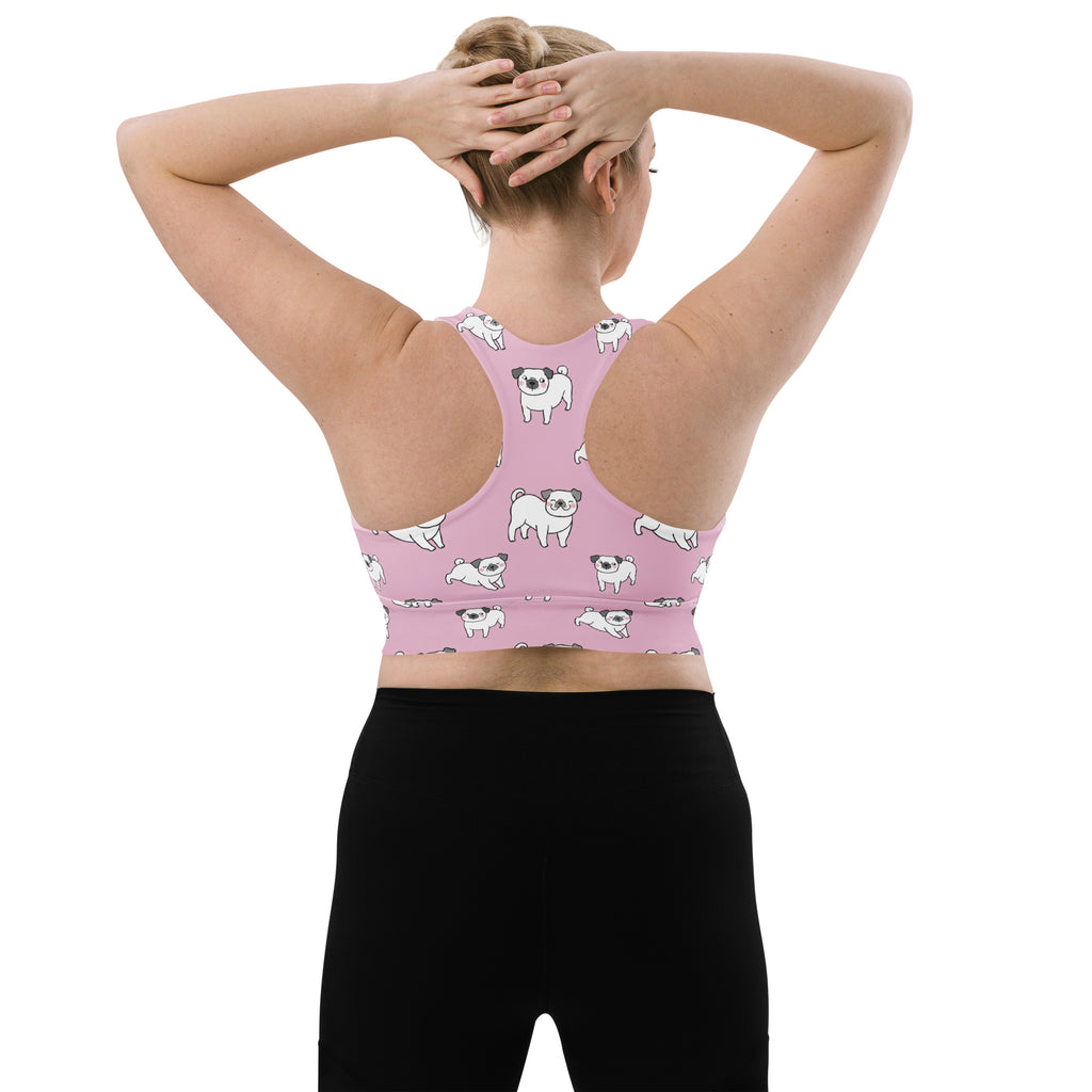 Women’s pink pug sports bra with buttery soft recycled fabric, high intensity support, removable padding, and quick dry