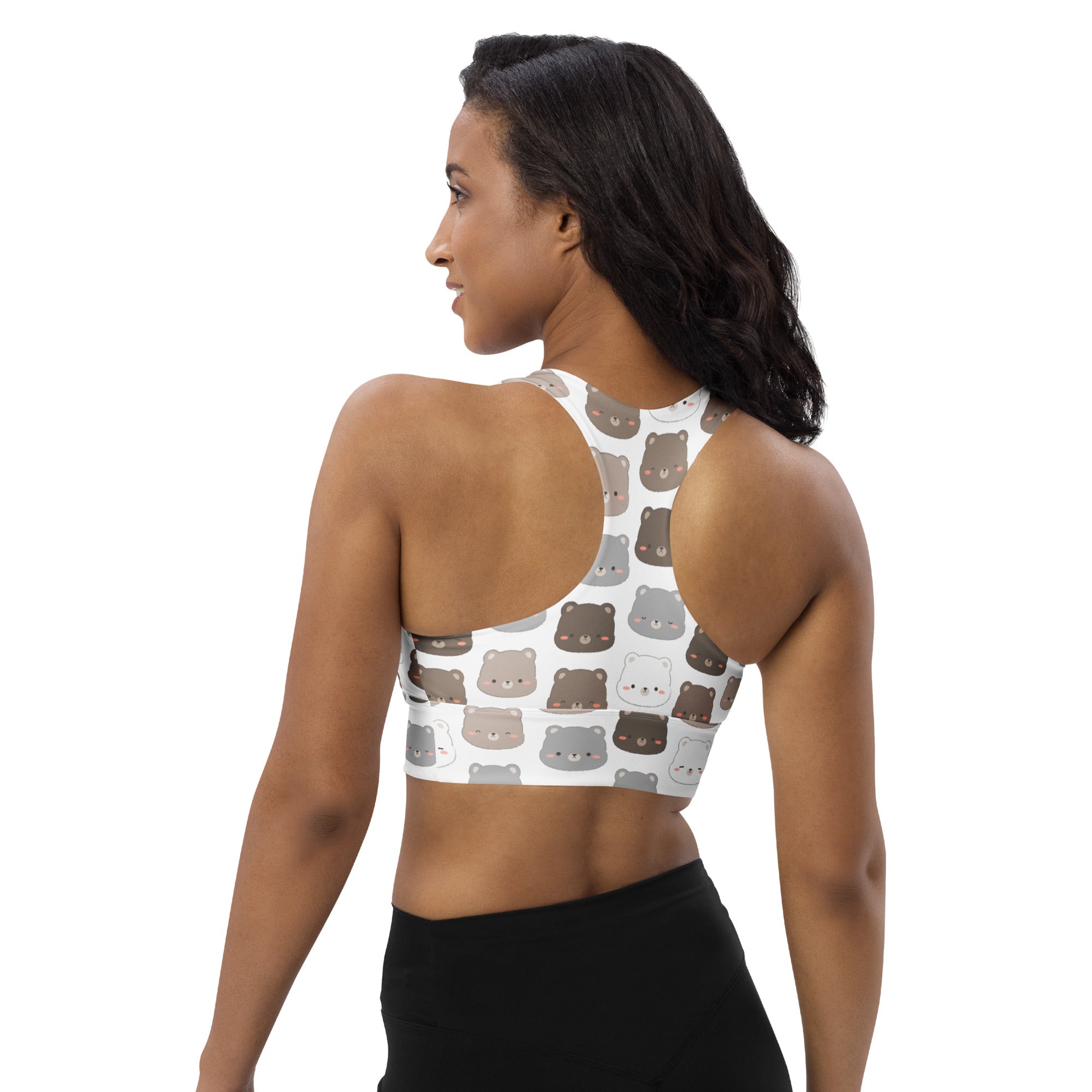 White longline sports bra with playful gray and brown cartoon bear face print, buttery soft recycled fabric, high support