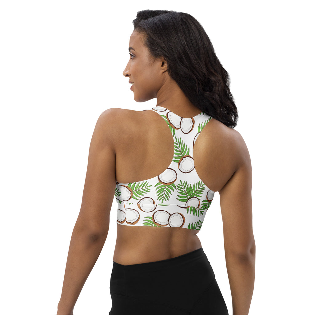 Women’s white sports bra with green and brown coconut palm print buttery soft recycled fabric for high intensity support