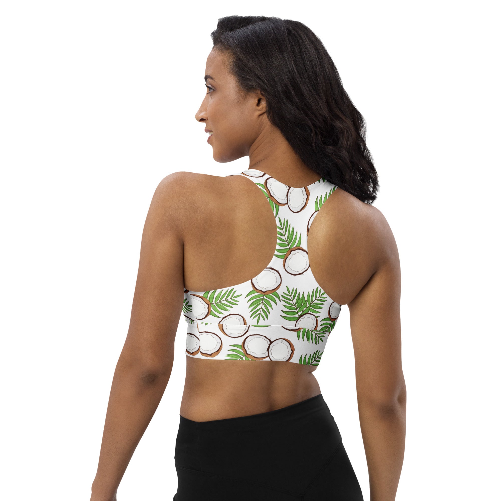 Women’s white sports bra with green and brown coconut palm print buttery soft recycled fabric for high intensity support