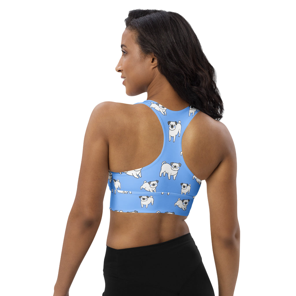 Light blue longline sports bra with white pug pattern made from buttery soft recycled fabric for high intensity support