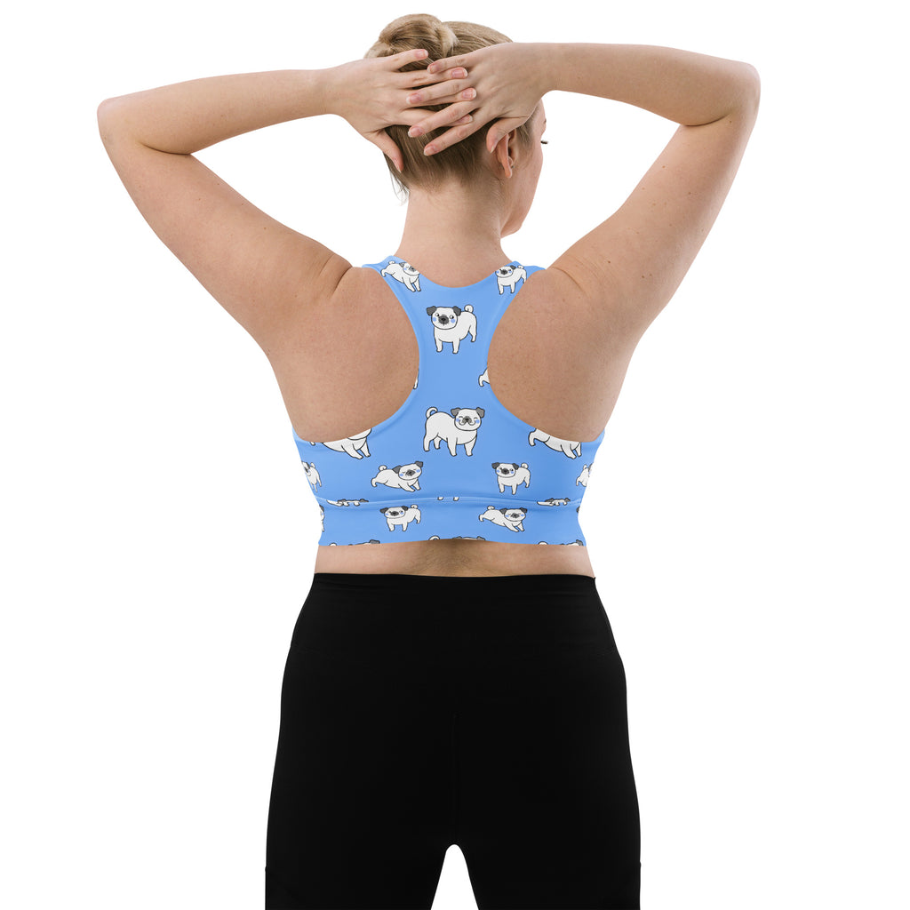 Light blue longline sports bra with white pug pattern made from buttery soft recycled fabric with high intensity support