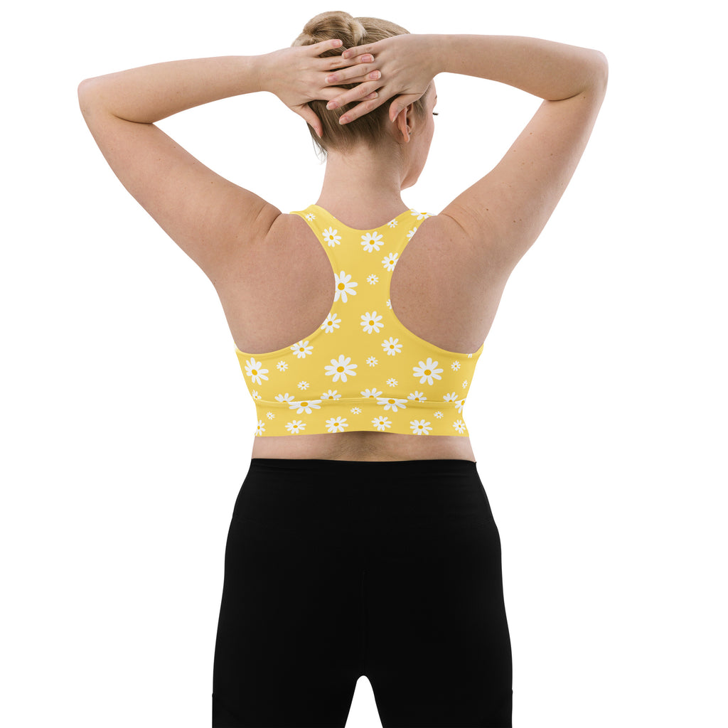 Women’s Yellow Daisy Buttery Soft Recycled Longline Sports Bra – High Intensity Support, Removable Padding, Quick Dry & UPF 50+