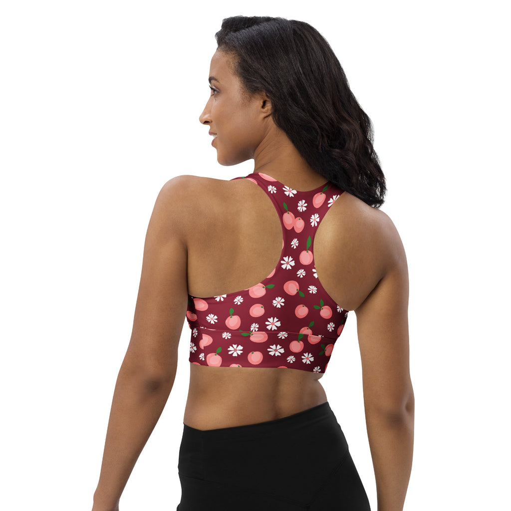 Women’s maroon longline sports bra with pink peach and white flower pattern buttery soft recycled fabric high support