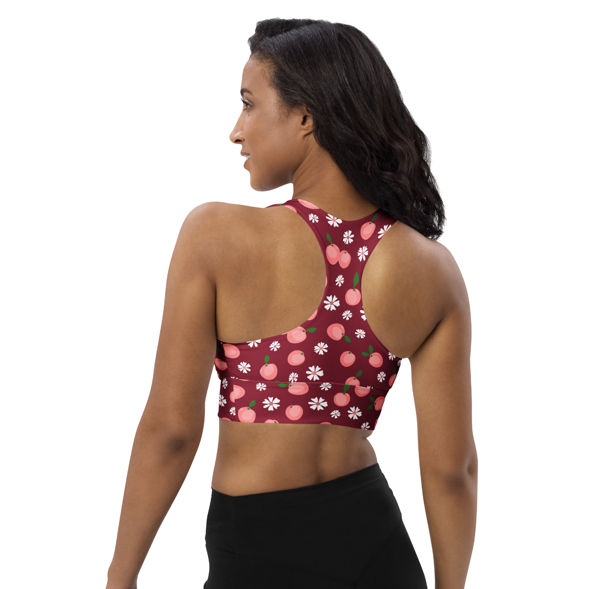 Women’s maroon longline sports bra with pink peach and white flower pattern buttery soft recycled fabric high support
