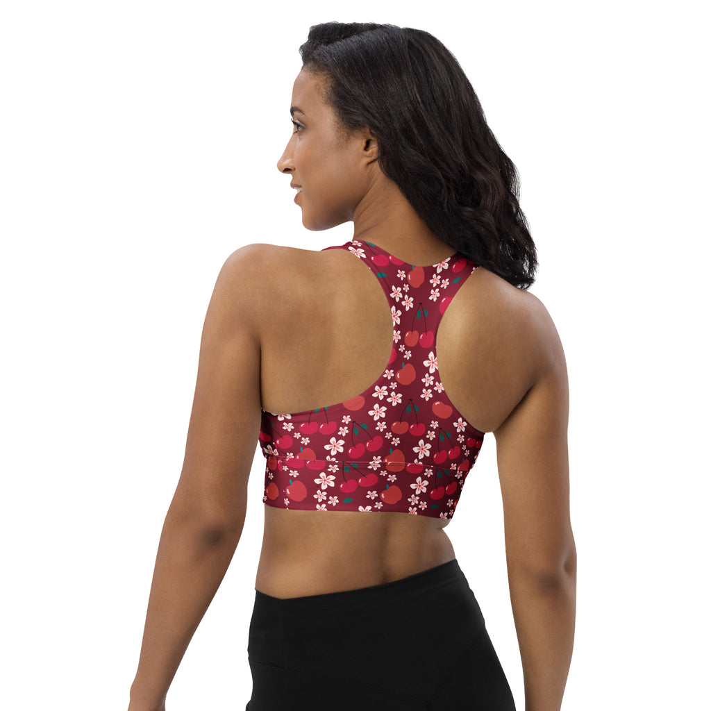 Maroon deep cherry blossom sports bra with pink white green pattern high intensity support quick dry upf 50 plus